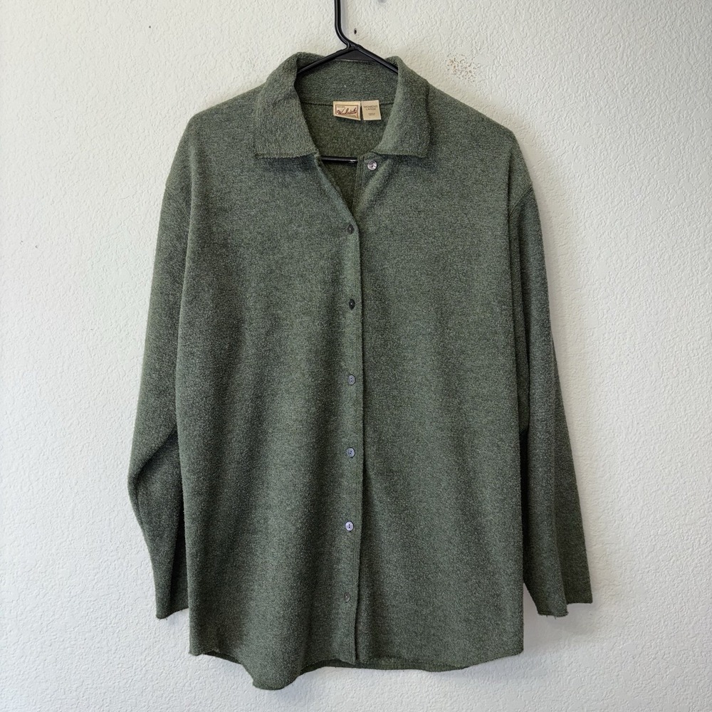 VTG 90s Woolrich Dark Olive Green Knit Button Up Shirt Womens Size L Long Sleeve
